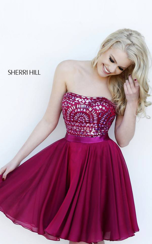 beads chiffon homecoming dress Sherri Hill 1961 dark red