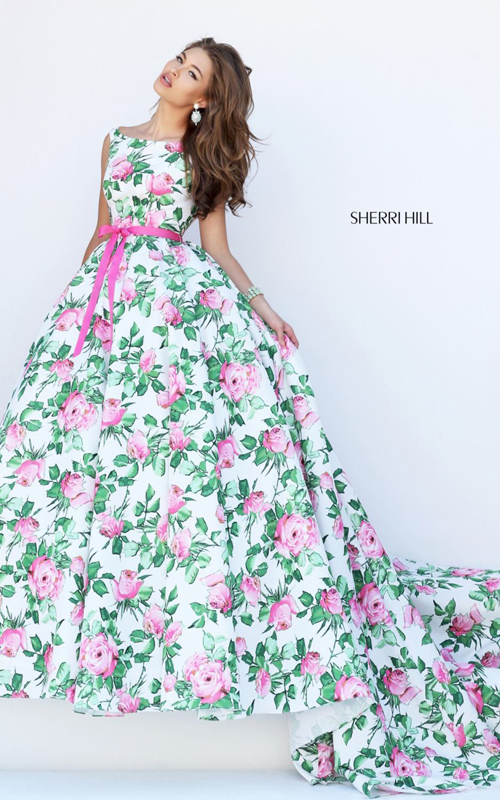 green print Sherri Hill 50484 elegant floral ball gown 2016