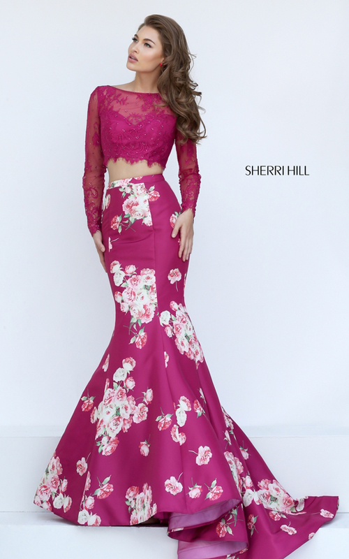 lace Sherri Hill 50488 plum print flowers two piece dress