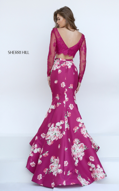 lace Sherri Hill 50488 plum print flowers two piece dress_1