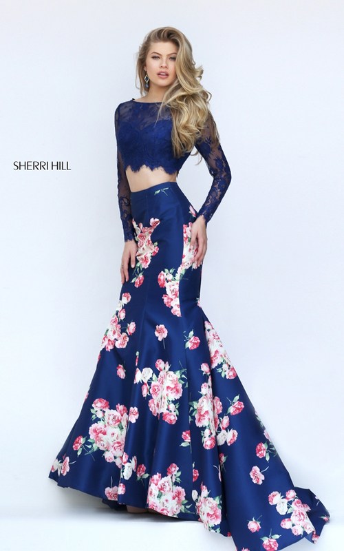 navy Sherri Hill 50488 two piece floral prom dress lace