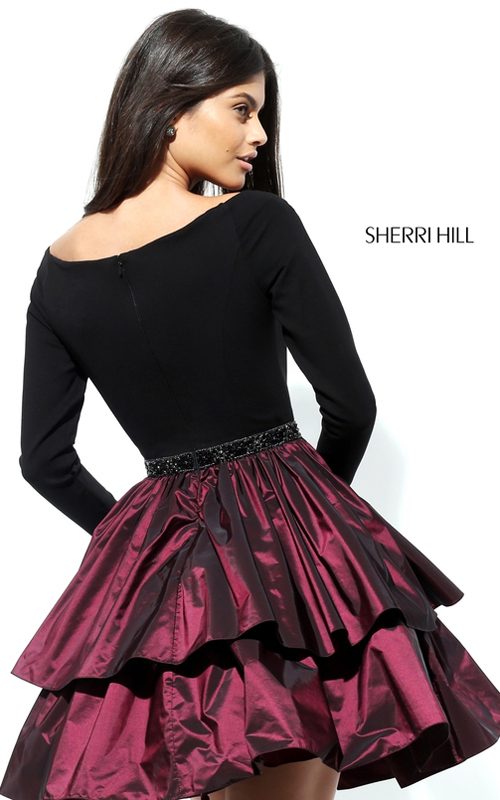 Wine Sherri Hill 50641 Tiered Long Sleeves Short Homecoming Dress_1