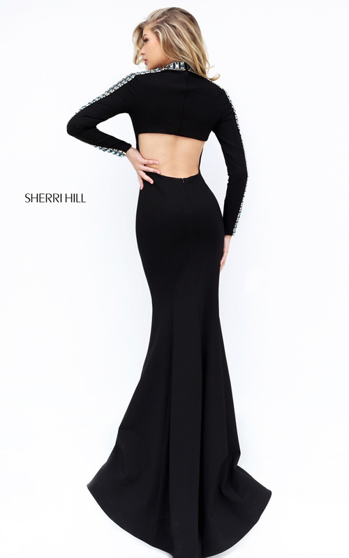 Long Sleeved Sherri Hill Fitted Beaded Prom Dress Black 50611_1
